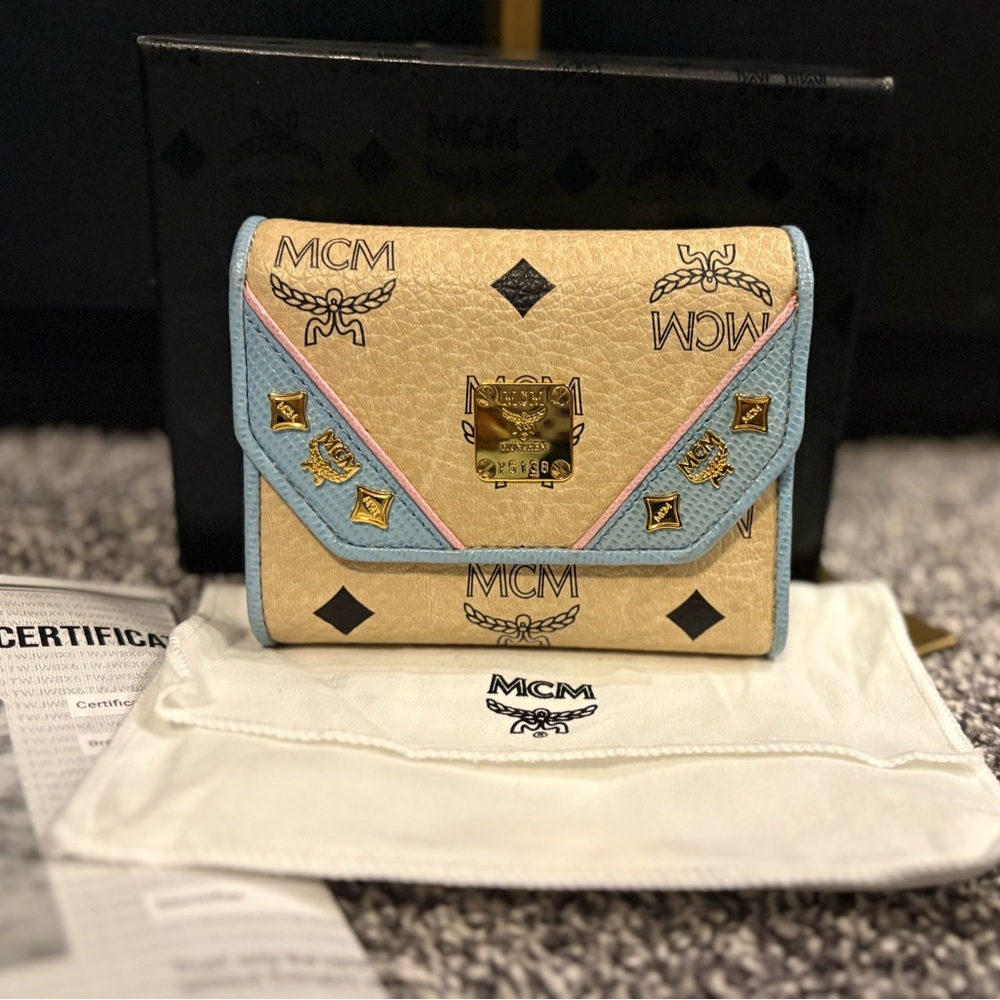 MCM Visetos Trifold Beige and blue Leather Wallet